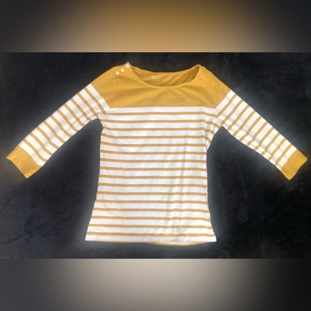 U Collection Striped 3/4 Shirt Mustard Yellow Cream 100% Cotton 36 M